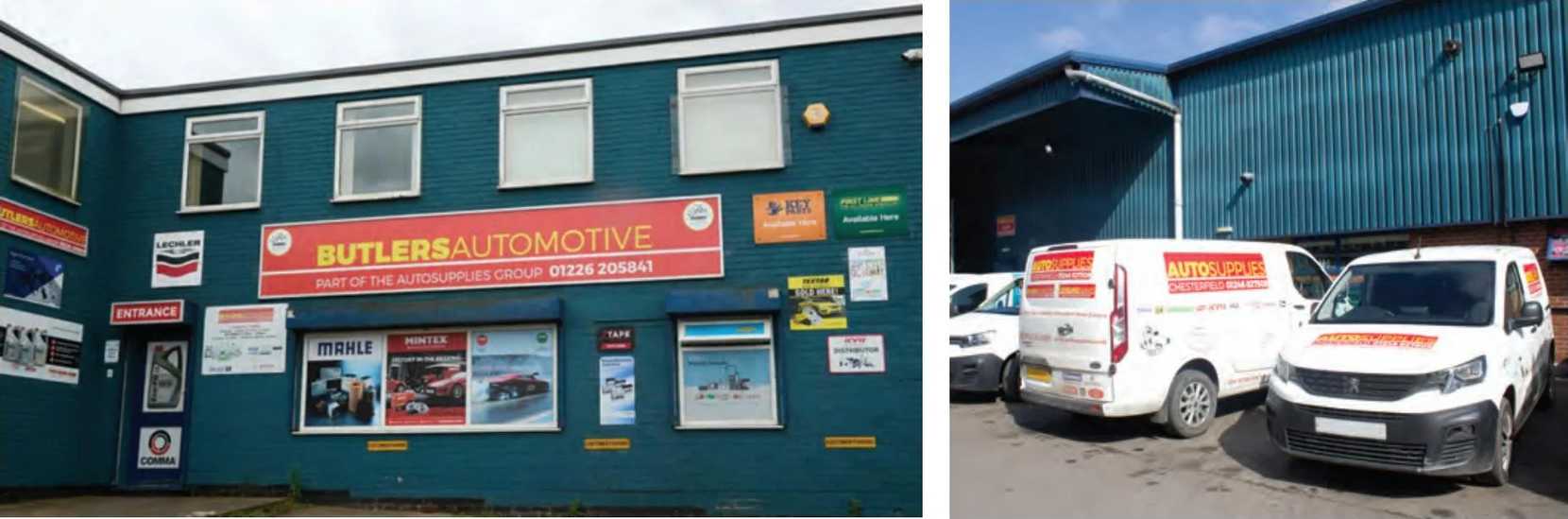 Two photos, on th leftr the outside of the AutoSupplies Group building. On the right a photo of the fleet of vans used by the business.
